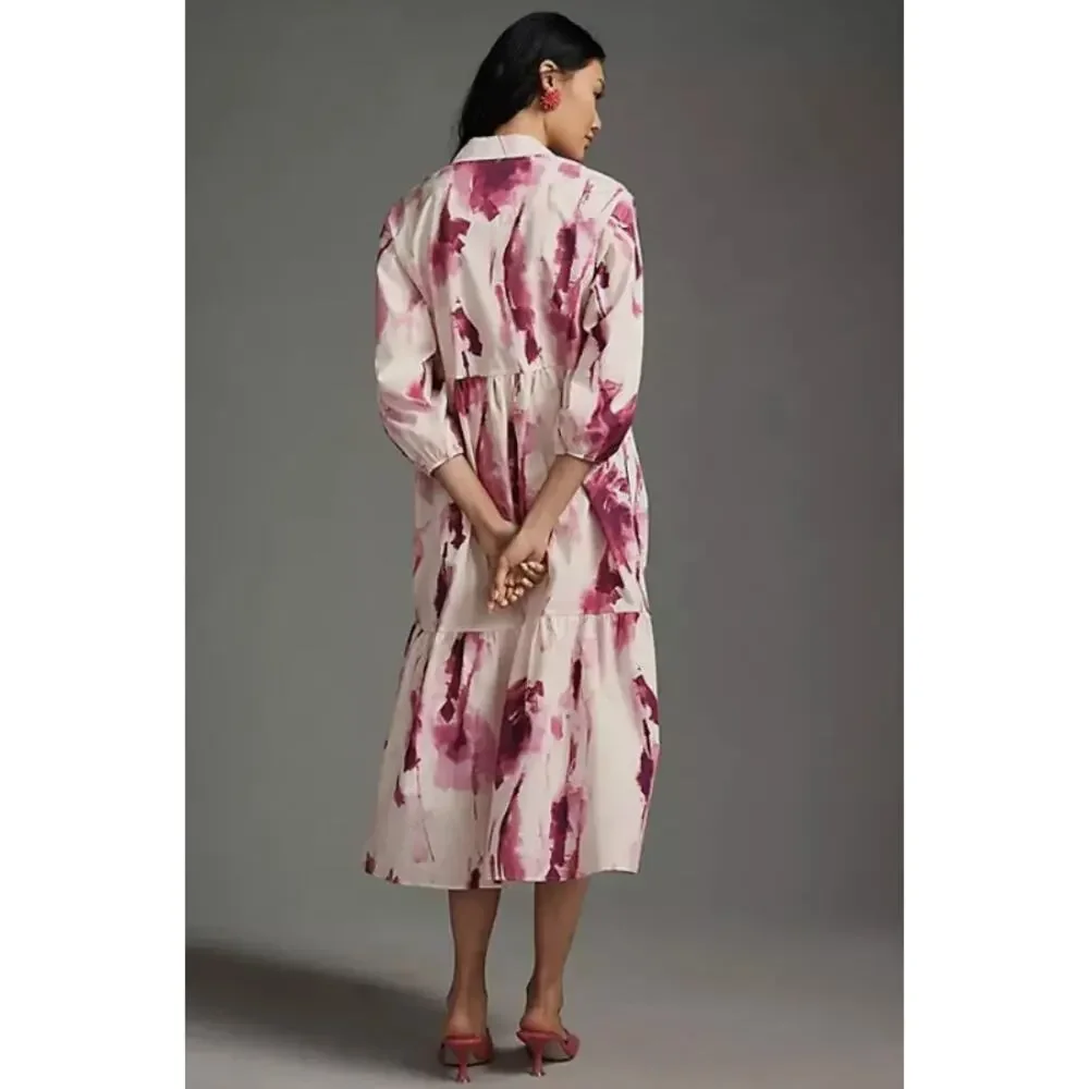 Anthropologie Maeve Bettina Dress Tiered Shirt Buttondown Watercolor Pink Small - Picture 3 of 13